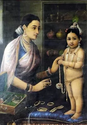 Yasoda Adorning Bala Krishna by Raja Ravi Varma - Oil Painting Reproduction