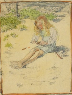 Antti Carving a Bark Boat by Venny Soldan-Brofeldt Oil Painting
