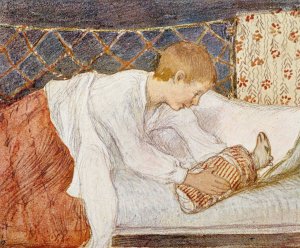 Waking Boy and Present by Venny Soldan-Brofeldt Oil Painting