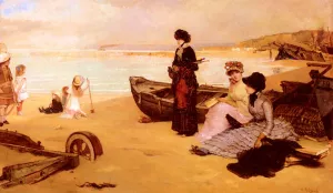 A Summer's Afternoon at the Beach by Vicente Palmaroli y Gonzalez Oil Painting