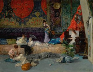 In The Studio by Vicente Palmaroli y Gonzalez Oil Painting