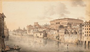 Le Palais Farnese vu depuis les quais du Tibre a Rome Oil painting by Vicor-Jean Nicolle