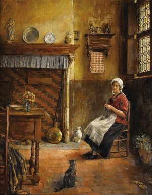 Domestic Interior with Woman Knitting by Victor Anthonis Oil Painting