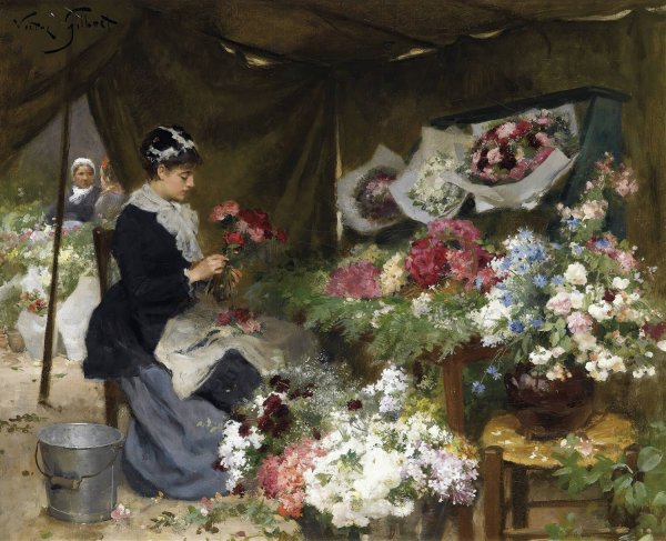 Main Product Photo of A Flower Seller Making Her Bouquets Painting by Victor Gabriel Gilbert