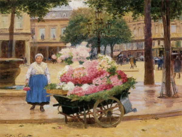 Main Product Photo of Marchande de fleurs - Place du Theatre Francais Painting by Victor Gabriel Gilbert
