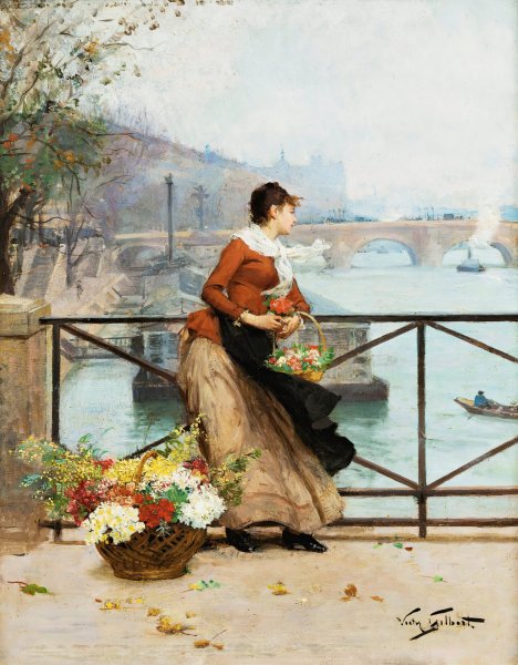 Main Product Photo of The Flower Vendor On The Pont Des Arts, Paris Painting by Victor Gabriel Gilbert