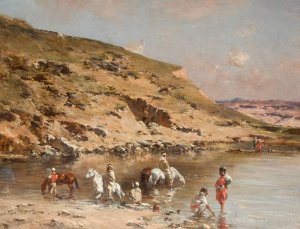 Baignade de Chevaux by Victor Huguet Oil Painting