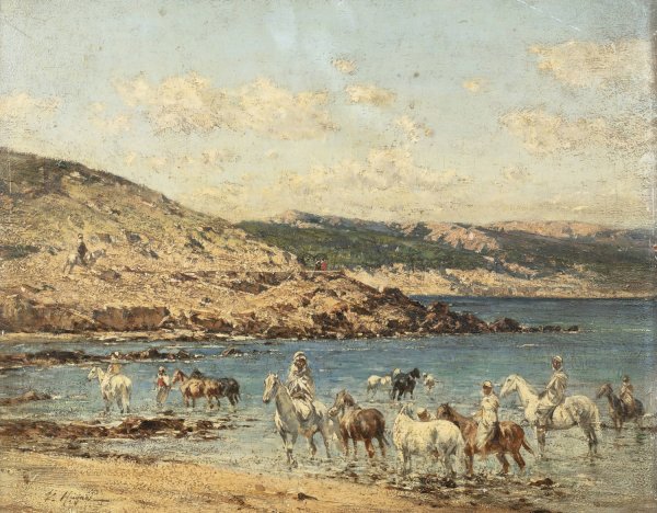 Horses Drinking by Victor Huguet - Hand-Painted Oil Painting Reproduction
