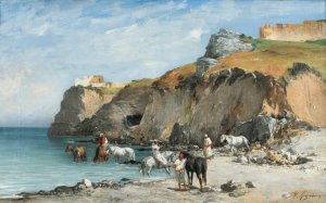 The Halt Of Horsemen On The Beach by Victor Huguet Oil Painting