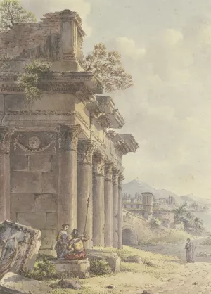 Architektonisches Capriccio, Ruinen einer Tempelfassade, im Hintergrund Landschaft mit Gebauden und Seebucht by Victor-Jean Nicolle Oil Painting