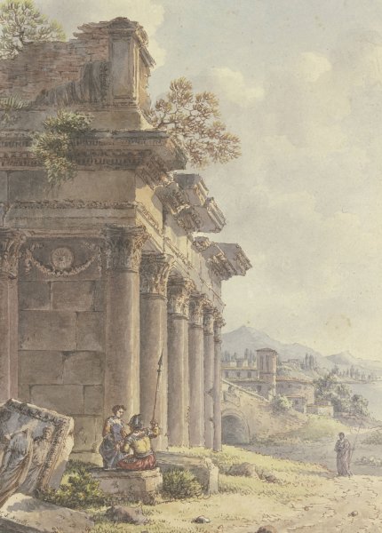 Main Product Photo of Architektonisches Capriccio, Ruinen einer Tempelfassade, im Hintergrund Landschaft mit Gebauden und Seebucht Painting by Victor-Jean Nicolle