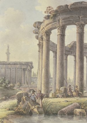 Architektonisches Capriccio, Ruinen eines Rundtempels, im Hintergrund die Trajansaule by Victor-Jean Nicolle Oil Painting