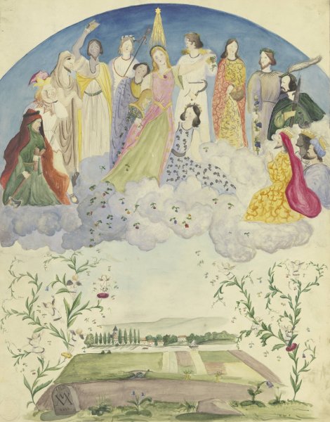Main Product Photo of Blumen uber Eine Landschaft Streuende Und Ausschuttende Flora, Umgeben Von Dionysischen, Biblischen Und Historischen Gestalten  Painting by Victor Muller