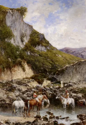 Arab Riders Watering the Horses by Victor Pierre Huguet Oil Painting