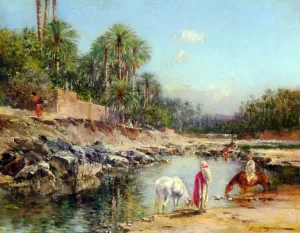 Figures Standing by a Caravan by Victor Pierre Huguet - Oil Painting Reproduction