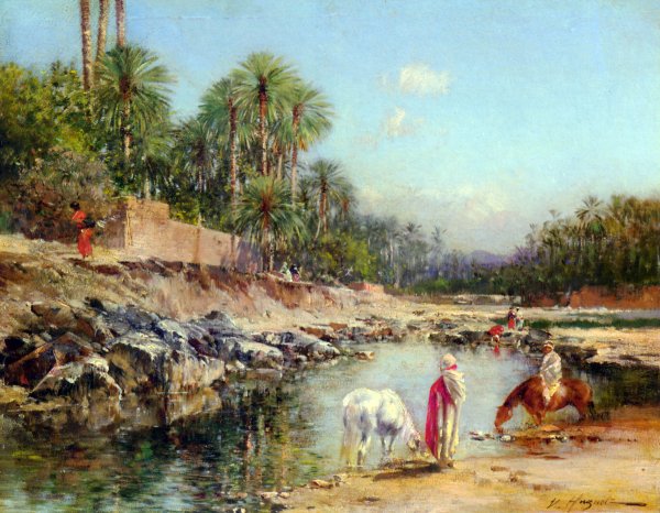 Main Product Photo of Figures Standing by a Caravan Painting by Victor Pierre Huguet