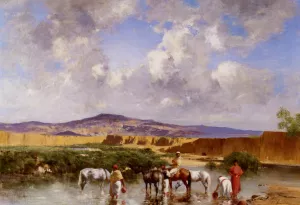Watering at the Wadi by Victor Pierre Huguet - Oil Painting Reproduction