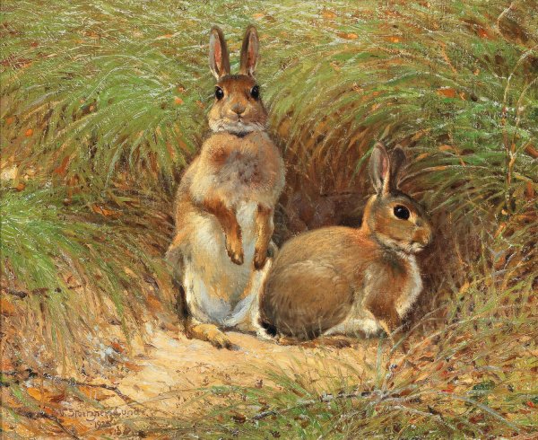 Rabbits  by Victor Stoetzner-Lund - Hand-Painted Oil Painting Reproduction