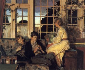 A Mother and Children by a Window at Dusk