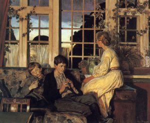 A Mother and Children by a Window at Dusk by Viggo Christian Frederick Pedersen Oil Painting