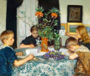 Born, der male Foraarsblomster by Viggo Johansen Oil Painting