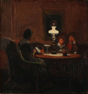 Der sysles i petroleumslampens skaer by Viggo Johansen Oil Painting
