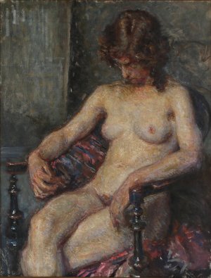 En nogen kvindelig model siddende pa en stol by Viggo Johansen Oil Painting