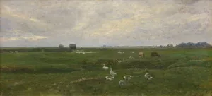 Geese by a Lake. A Storm is Brewing. Dragor, the Island of Amager Oil painting by Viggo Johansen