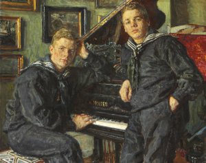 Ingvar og Sven i matrostoj ved flygelet. Dobbeltportraet by Viggo Johansen Oil Painting