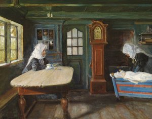 Interior fra en bondestue med den lille i vuggen by Viggo Johansen Oil Painting