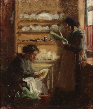 Kokken pa Skagen med to figurer by Viggo Johansen Oil Painting