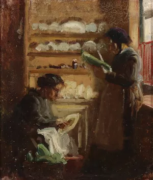 Kokken pa Skagen med to figurer by Viggo Johansen Oil Painting