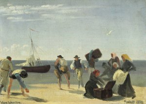 Rejsende fra Anholt pa vej fra stranden ud til et afventende sejlskib Oil painting by Viggo Johansen