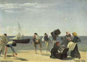 Rejsende fra Anholt pa vej fra stranden ud til et afventende sejlskib by Viggo Johansen Oil Painting