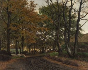 En opkort vej under gamle traeer by Viggo Pedersen Oil Painting