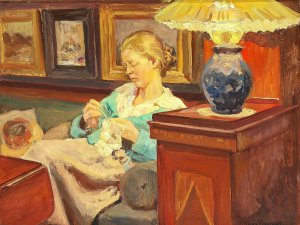 Interior med kunstnerens hustru ved haekletojet by Viggo Pedersen Oil Painting