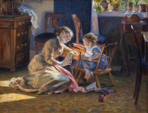 Sunshine in the Living Room. The Artist's Wife and Child by Viggo Pedersen Oil Painting