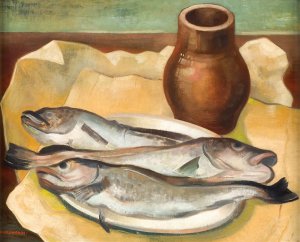 Still life with fish by Viktor Planckh Oil Painting