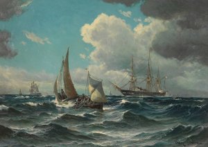 Fischerboot und Dampfsegler auf bewegter See by Vilhelm Bille Oil Painting