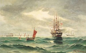 Marine Med Skibe Ud For By Ved Kysten by Vilhelm Bille Oil Painting