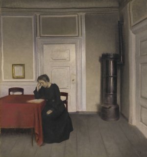 A Room in the Artist's Home in Strandgade, Copenhagen, with the Artist's Wife by Vilhelm Hammershoi Oil Painting