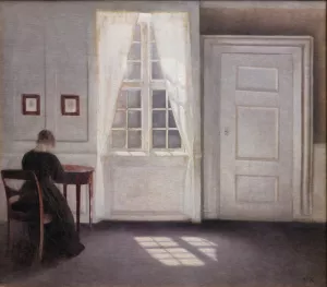 A Room In The Artist's Home In Strandgade, Copenhagen, With The Artist's Wife Oil painting by Vilhelm Hammershoi