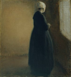 An old woman standing by a window by Vilhelm Hammershoi Oil Painting