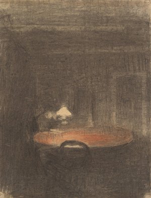 Figure Reading at a Table in an Interior at Night by Vilhelm Hammershoi Oil Painting