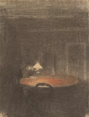 Figure Reading at a Table in an Interior at Night by Vilhelm Hammershoi Oil Painting