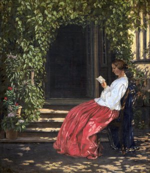 Laesende dame uden for en havedor by Vilhelm Kyhn Oil Painting