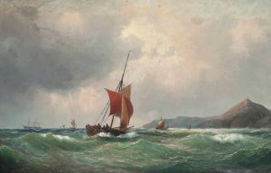 Fishing Boats Off A Rocky Coastline, A Paddle Steamer Beyond by Vilhelm Melbye Oil Painting