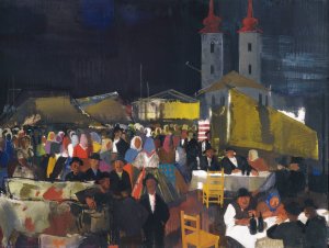 Figures In a Village Market by Vilmos Aba-Novak Oil Painting