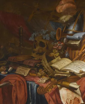 A Vanitas Still Life With A Flute, A Skull, Music Sheets, A Gold Crown, A Dagger, Shells And Other Objects, All Arranged On A Partly Draped Table by Vincent Laurensz Van Der Vinne I Oil Painting