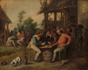 Two Men Arguing over Cards outside a Country Inn by Vincent Malo II Oil Painting